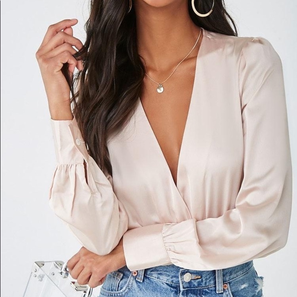 NWT Forever 21 Satin Surplice Bodysuit - Champagne